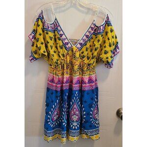 Flying Tomato Women's Short Sleeve Cold Shoulder Babydoll Blouse Top Rayon Sz S